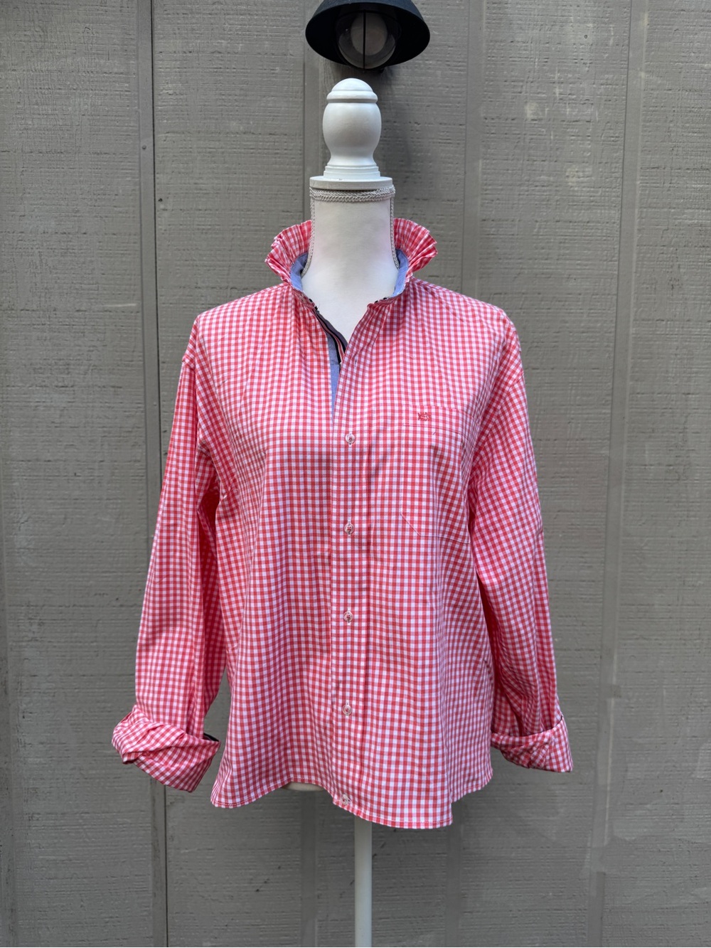 Southern Tide Coral Gingham Refashioned Ruffle Neck Cropped Button-Down Shirt